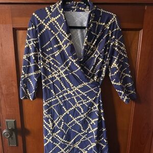 J. McLaughlin Panama Catalina Cloth Faux Wrap Dress, Eggplant w/Pearls print